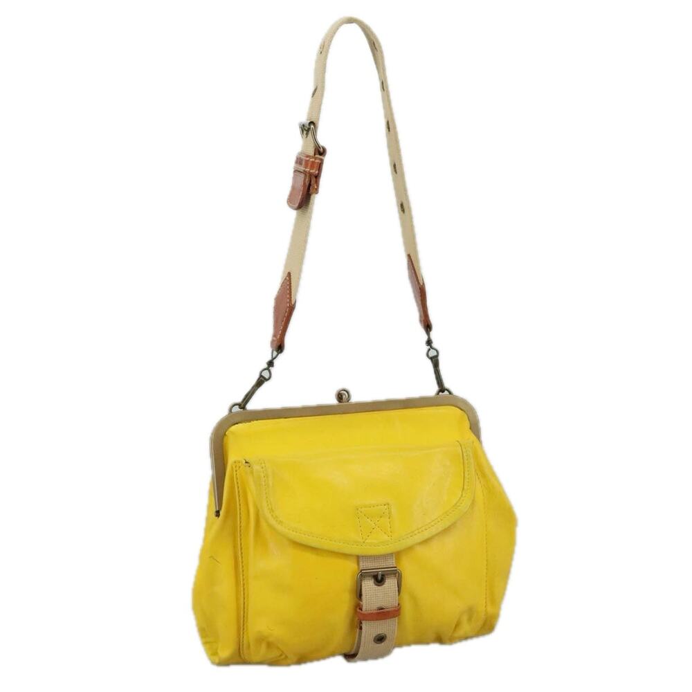 Miu Miu Shoulder Bag Leather Canvas Yellow Beige